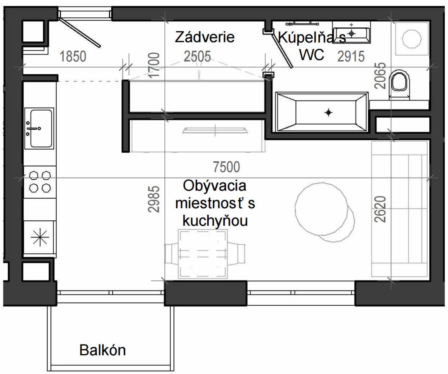 1 izbový byt B13 - 1A