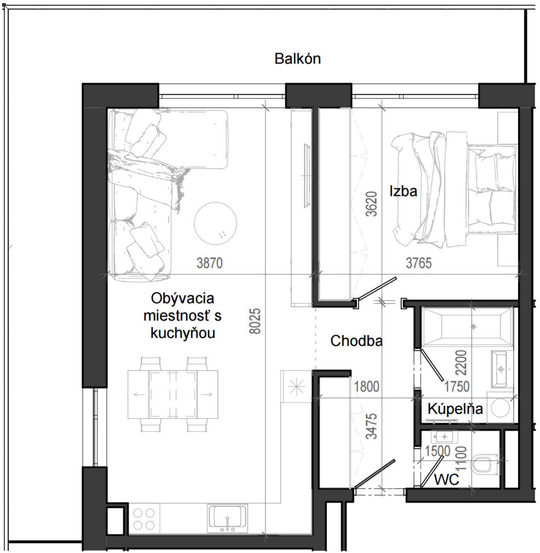 2 izbový byt B12 - 3D